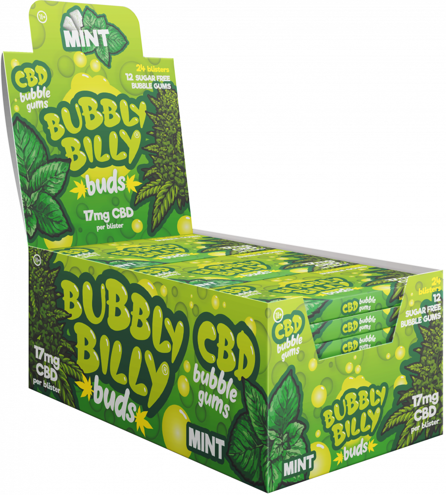 Guma do żucia Bubbly Billy Buds o smaku miętowym (17 mg CBD), 24 pudełka na wystawie, 408 g