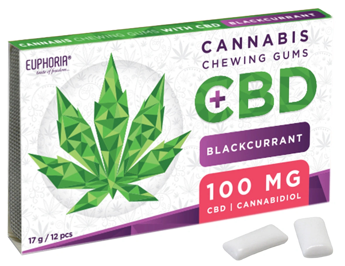 Guma do żucia Euphoria z CBD 100mg - Czarna porzeczka (opakowanie 12 x 12 sztuk), 204g - Odświeżający smak i relaks