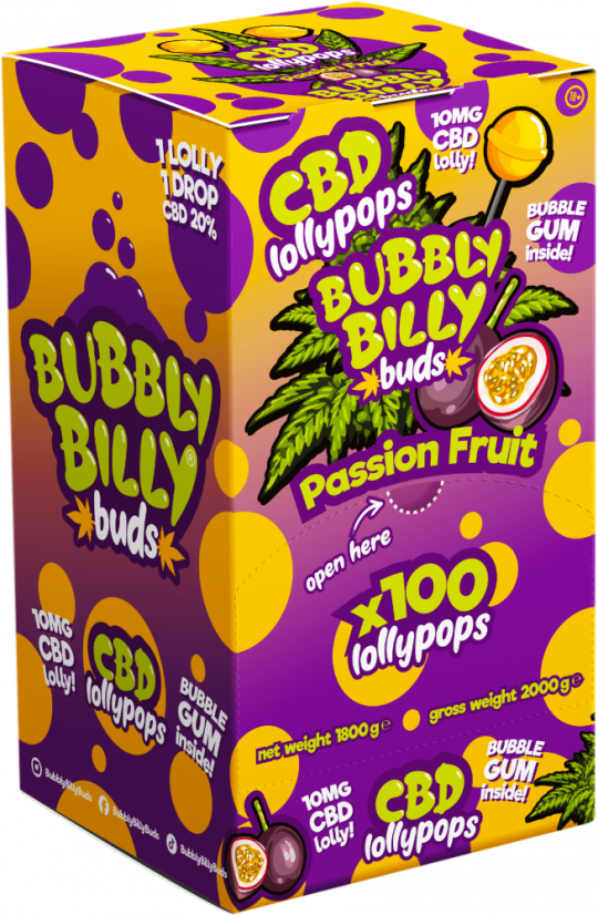 Bubbly Billy Buds 10 mg CBD Marakuja Lizaki z gumą balonową w środku – Opakowanie ekspozycyjne (100 lizaków), 1800 g
