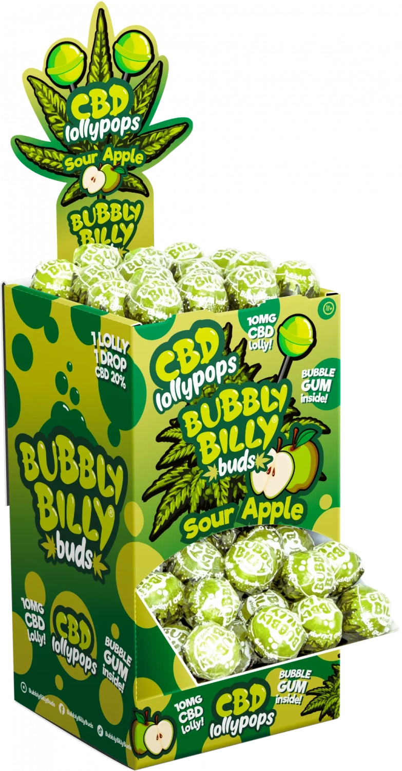 Bubbly Billy Buds 10 mg CBD Sour Apple Lollies z gumą balonową w środku – Opakowanie ekspozycyjne (100 lizaków), 1800 g