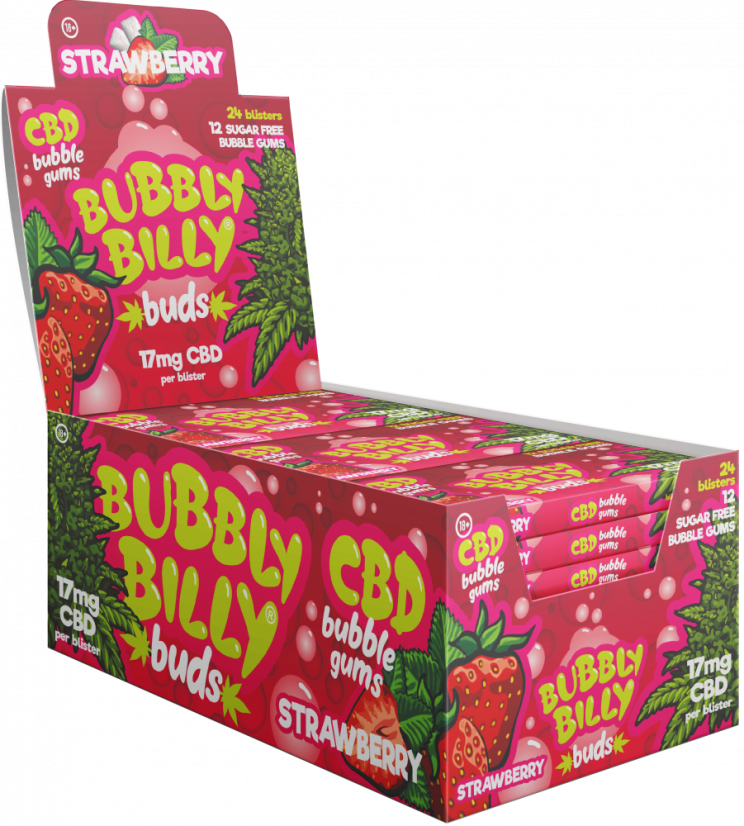 Guma do żucia Bubbly Billy Buds o smaku truskawkowym (17 mg CBD) 24 pudełka na wystawie, 408 g