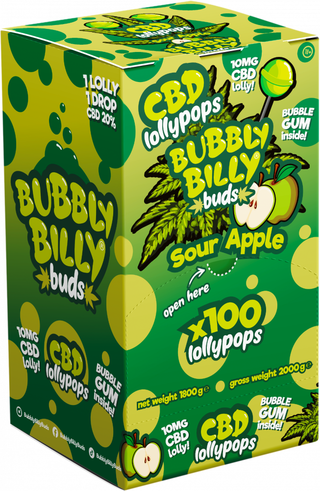 Bubbly Billy Buds 10 mg CBD Sour Apple Lollies z gumą balonową w środku – Opakowanie ekspozycyjne (100 lizaków), 1800 g