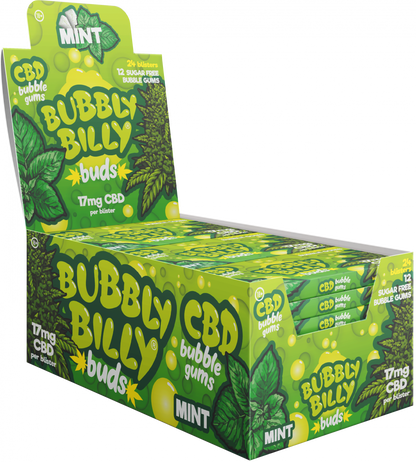 Guma do żucia Bubbly Billy Buds o smaku miętowym (17 mg CBD), 24 pudełka na wystawie, 408 g