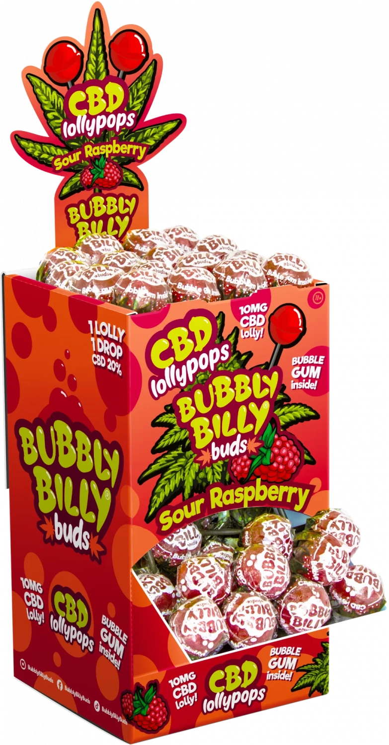 Льодяники Bubbly Billy Buds 10 мг CBD з кисломаслиною малиною та жуйкою всередині – упаковка для демонстрації (100 льодяників), 1800 г