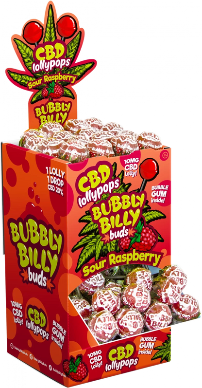 Льодяники Bubbly Billy Buds 10 мг CBD з кисломаслиною малиною та жуйкою всередині – упаковка для демонстрації (100 льодяників), 1800 г
