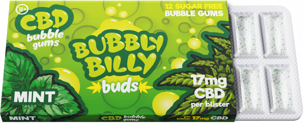 Guma do żucia Bubbly Billy Buds o smaku miętowym (17 mg CBD), 24 pudełka na wystawie, 408 g