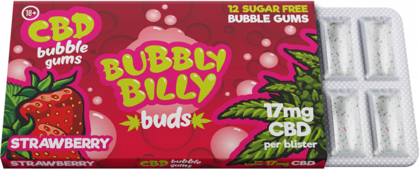 Guma do żucia Bubbly Billy Buds o smaku truskawkowym (17 mg CBD) 24 pudełka na wystawie, 408 g