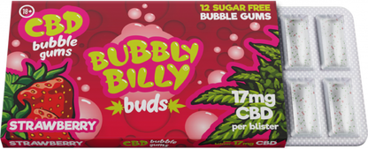 Guma do żucia Bubbly Billy Buds o smaku truskawkowym (17 mg CBD) 24 pudełka na wystawie, 408 g