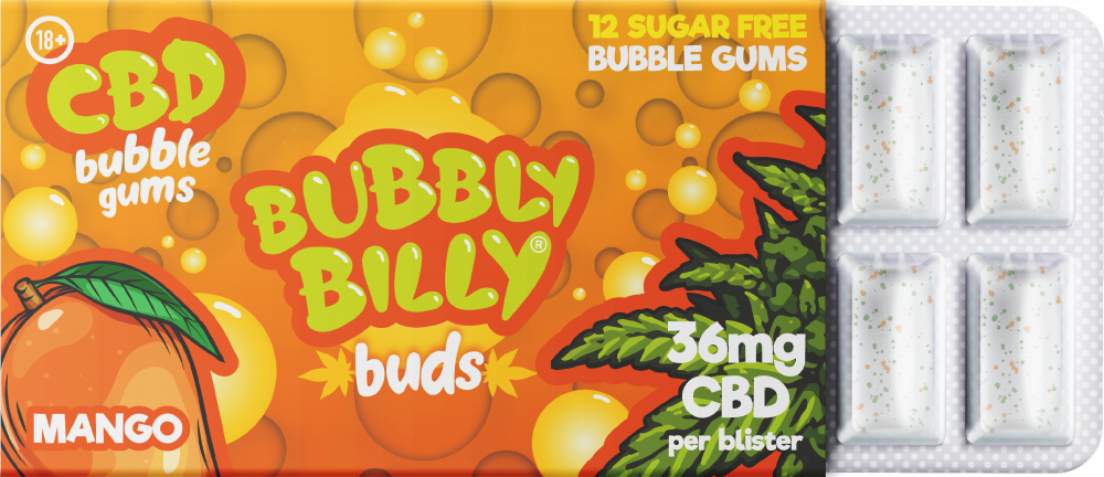 Orzeźwiająca Guma do Żucia Bubbly Billy Buds o Smaku Mango (36 mg CBD) - 24 Opakowania w Displayu (408 g)
