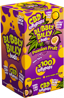 Bubbly Billy Buds 10 mg CBD Marakuja Lizaki z gumą balonową w środku – Opakowanie ekspozycyjne (100 lizaków), 1800 g