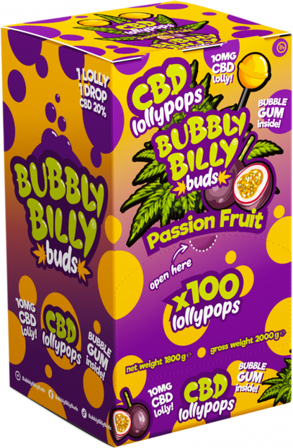 Bubbly Billy Buds 10 mg CBD Marakuja Lizaki z gumą balonową w środku – Opakowanie ekspozycyjne (100 lizaków), 1800 g