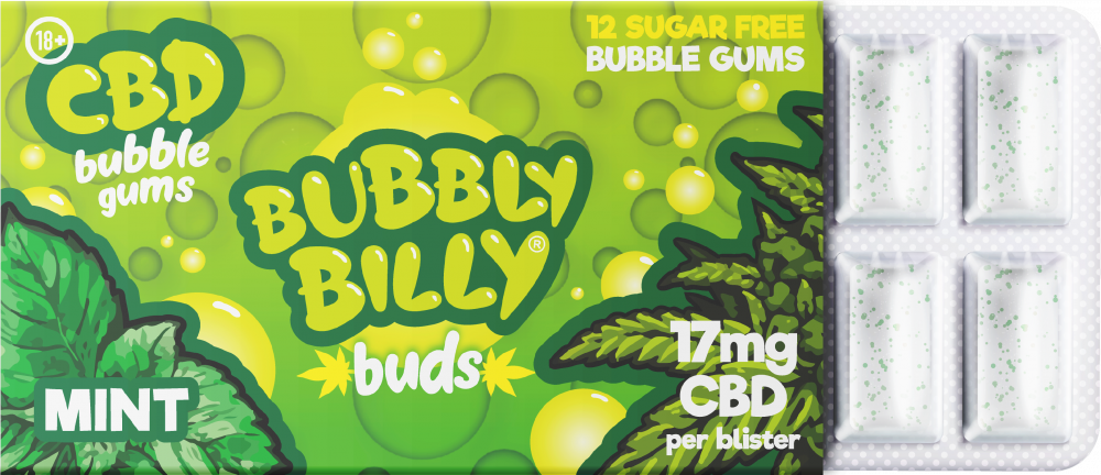 Guma do żucia Bubbly Billy Buds o smaku miętowym (17 mg CBD), 24 pudełka na wystawie, 408 g