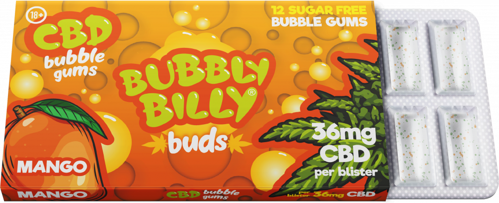 Orzeźwiająca Guma do Żucia Bubbly Billy Buds o Smaku Mango (36 mg CBD) - 24 Opakowania w Displayu (408 g)