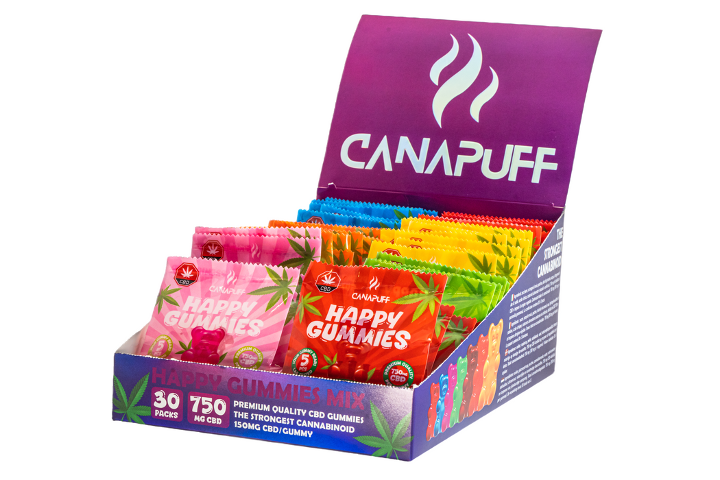 Hurtownia Żelków CBD Canapuff - Pudełko 5 szt. - Różnorodność Smaków z Wygodnym Stojakiem