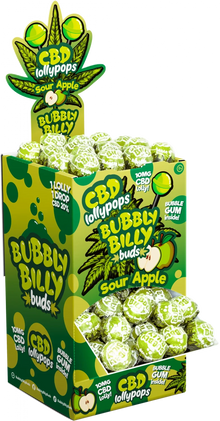 Bubbly Billy Buds 10 mg CBD Sour Apple Lollies z gumą balonową w środku – Opakowanie ekspozycyjne (100 lizaków), 1800 g