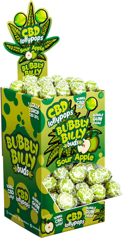 Bubbly Billy Buds 10 mg CBD Sour Apple Lollies z gumą balonową w środku – Opakowanie ekspozycyjne (100 lizaków), 1800 g