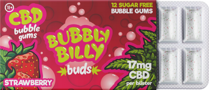 Guma do żucia Bubbly Billy Buds o smaku truskawkowym (17 mg CBD) 24 pudełka na wystawie, 408 g