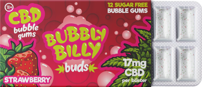 Guma do żucia Bubbly Billy Buds o smaku truskawkowym (17 mg CBD) 24 pudełka na wystawie, 408 g