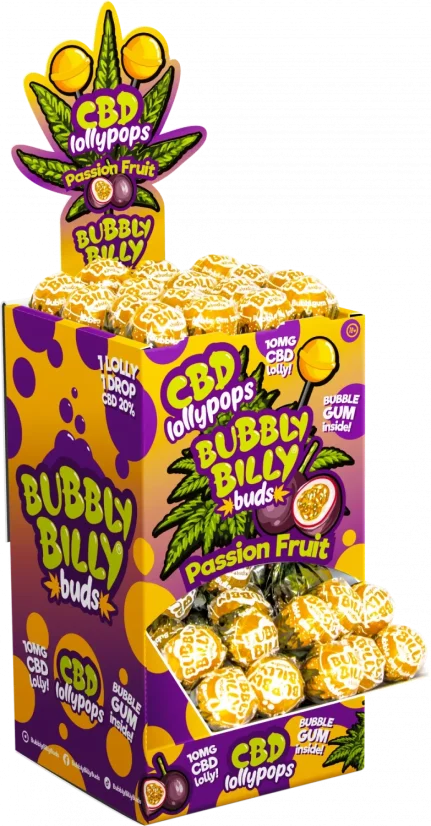 Bubbly Billy Buds 10 mg CBD Marakuja Lizaki z gumą balonową w środku – Opakowanie ekspozycyjne (100 lizaków), 1800 g