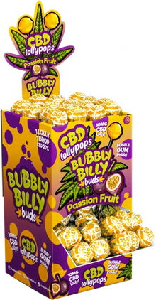 Bubbly Billy Buds 10 mg CBD Marakuja Lizaki z gumą balonową w środku – Opakowanie ekspozycyjne (100 lizaków), 1800 g
