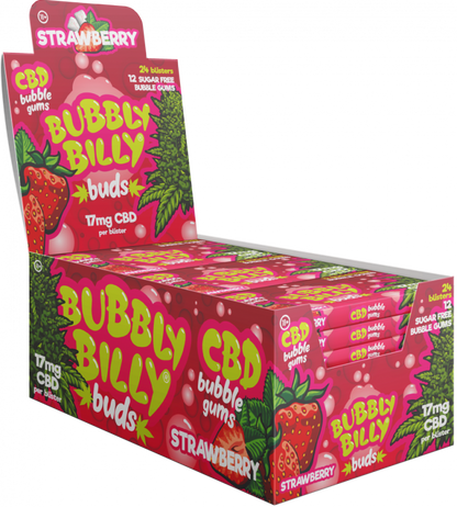 Guma do żucia Bubbly Billy Buds o smaku truskawkowym (17 mg CBD) 24 pudełka na wystawie, 408 g