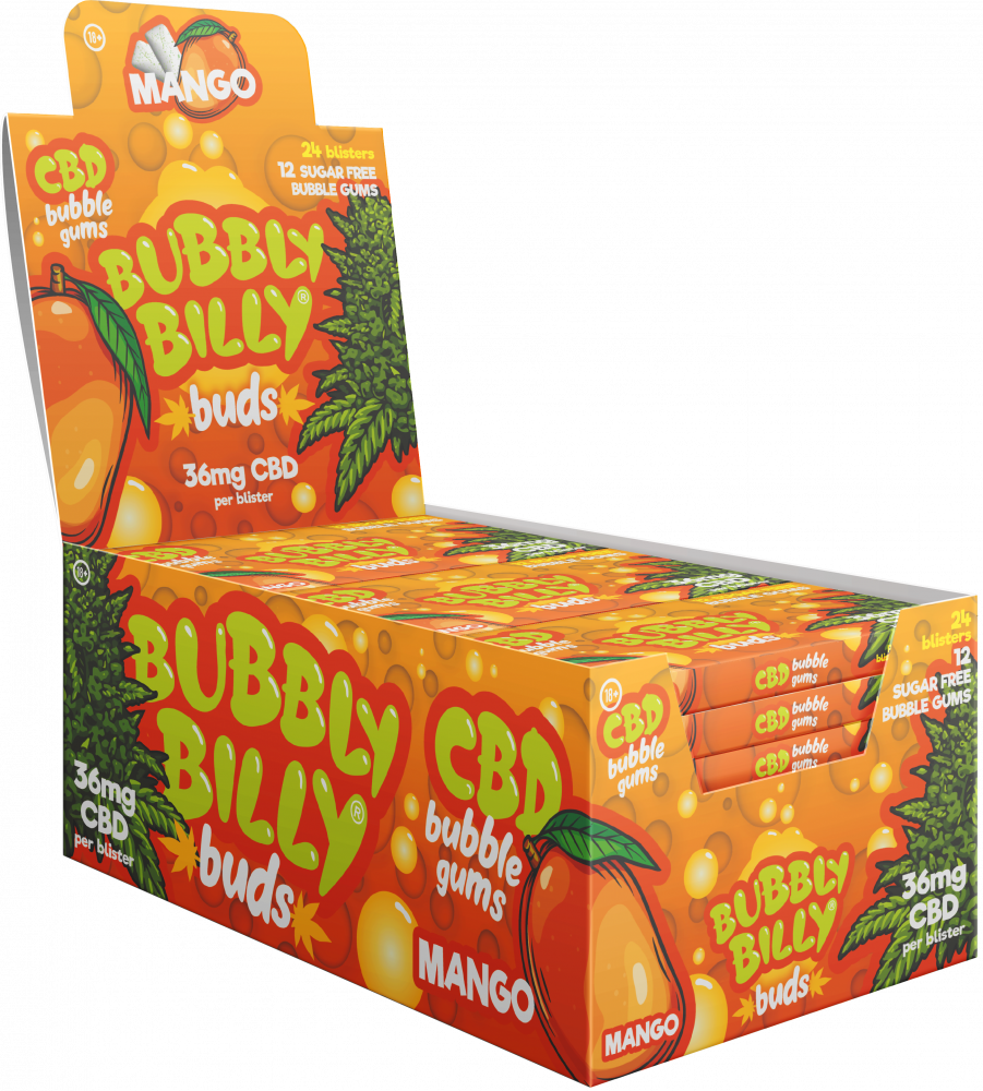 Orzeźwiająca Guma do Żucia Bubbly Billy Buds o Smaku Mango (36 mg CBD) - 24 Opakowania w Displayu (408 g)