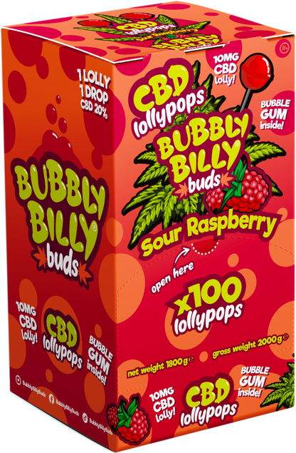 Льодяники Bubbly Billy Buds 10 мг CBD з кисломаслиною малиною та жуйкою всередині – упаковка для демонстрації (100 льодяників), 1800 г