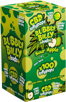 Bubbly Billy Buds 10 mg CBD Sour Apple Lollies z gumą balonową w środku – Opakowanie ekspozycyjne (100 lizaków), 1800 g