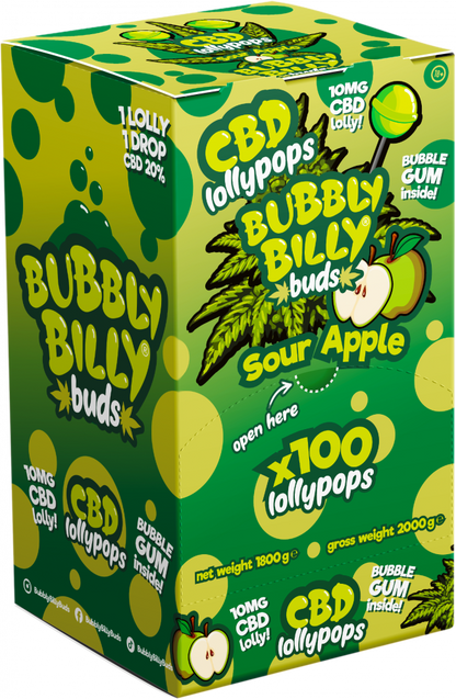 Bubbly Billy Buds 10 mg CBD Sour Apple Lollies z gumą balonową w środku – Opakowanie ekspozycyjne (100 lizaków), 1800 g